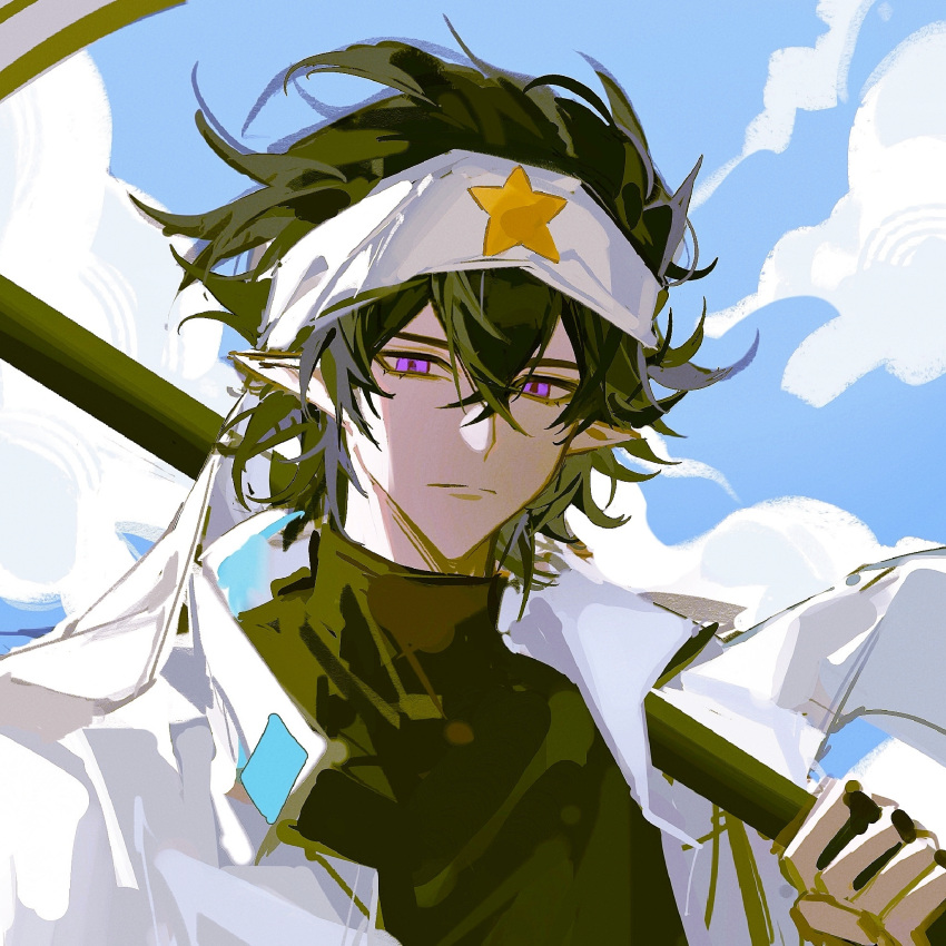 1boy, abaabaaba93812, aotu_world, bishounen, black_hair, black_shirt, blue_sky, chinese_commentary