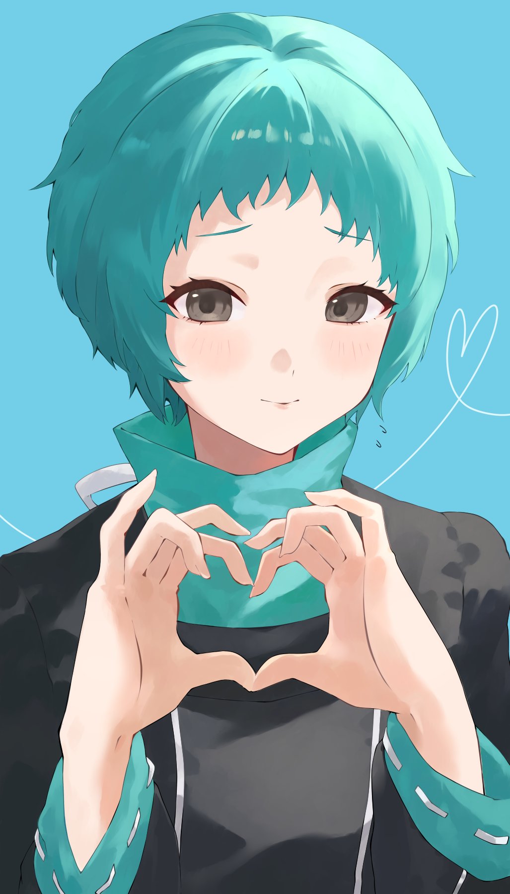 1girl, aqua_hair, aqua_sweater, black_jacket, blue_background, blush, closed_mouth, commentary