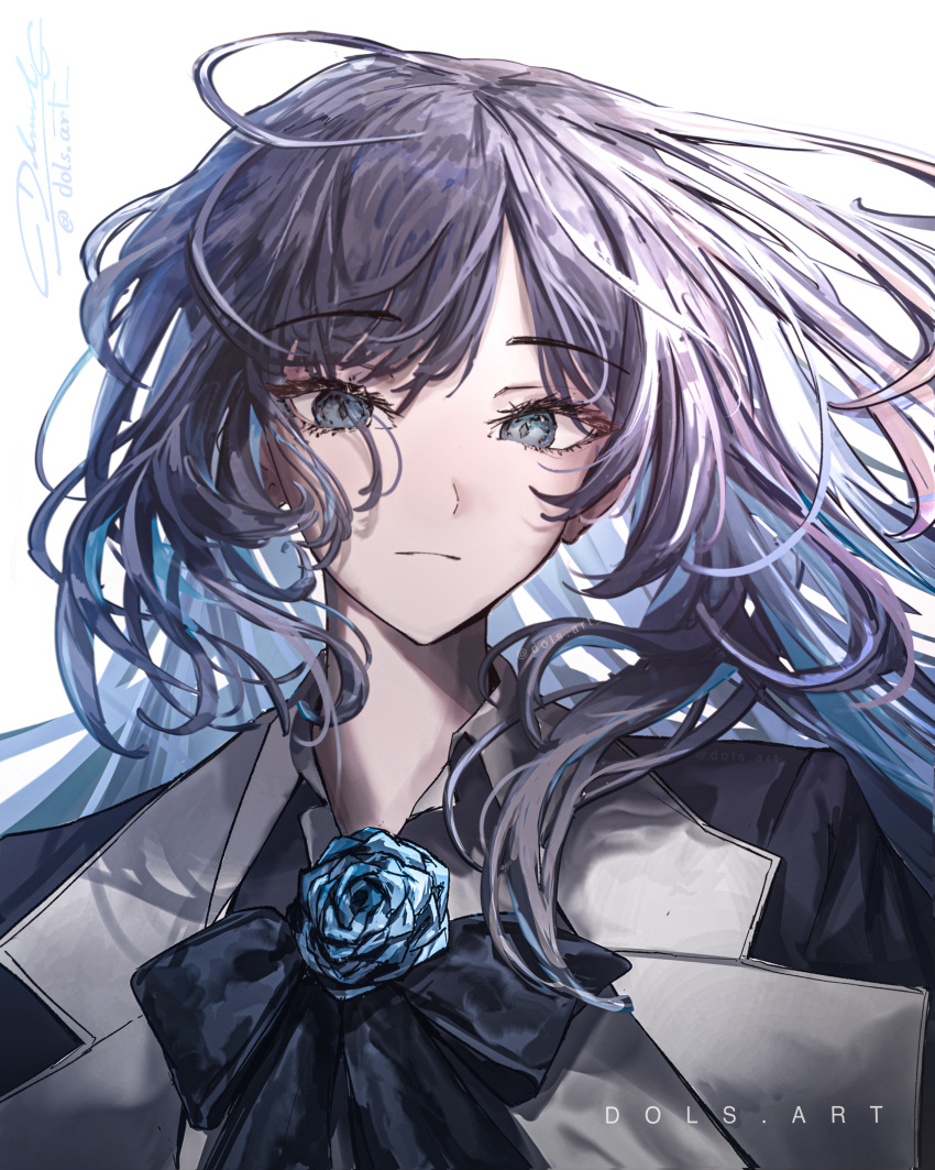 1girl, absurdres, ado_(utaite), artist_name, black_bow, black_bowtie, black_hair, blue_eyes