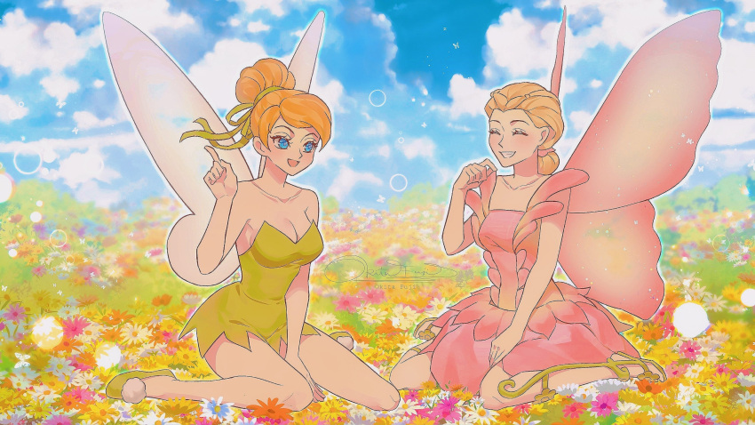 2girls, barbie_(franchise), barbie_mariposa_(film_series), bare_shoulders, blonde_hair, blue_eyes, breasts, crossover