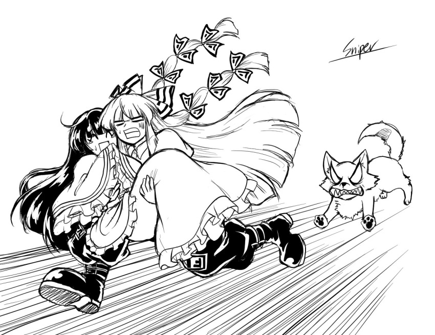 2girls, artist_name, boots, bow, carrying, chasing, clenched_teeth, closed_eyes, collared_shirt, commentary_request, dog, fleeing, frilled_sleeves, frills, fujiwara_no_mokou, greyscale, hair_bow, houraisan_kaguya, long_hair, long_sleeves, monochrome, multiple_girls, multiple_hair_bows, open_mouth, pants, princess_carry, running, shirt, signature, smile, sniper16783072, teeth, touhou, very_long_hair, wide_sleeves