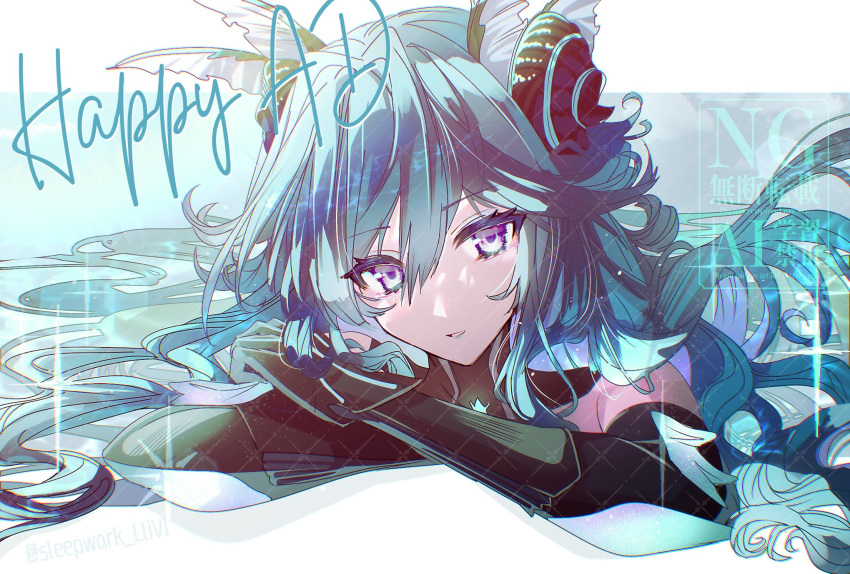 1girl, blue_hair, fins, hair_between_eyes, head_fins, highres, lamia:_lost_lullaby_(pgr), lamia_(pgr), looking_at_viewer, lying, mechanical_arms, parted_lips, punishing:_gray_raven, shell_hair_ornament, sleepwark_llivi, solo, violet_eyes, watermark