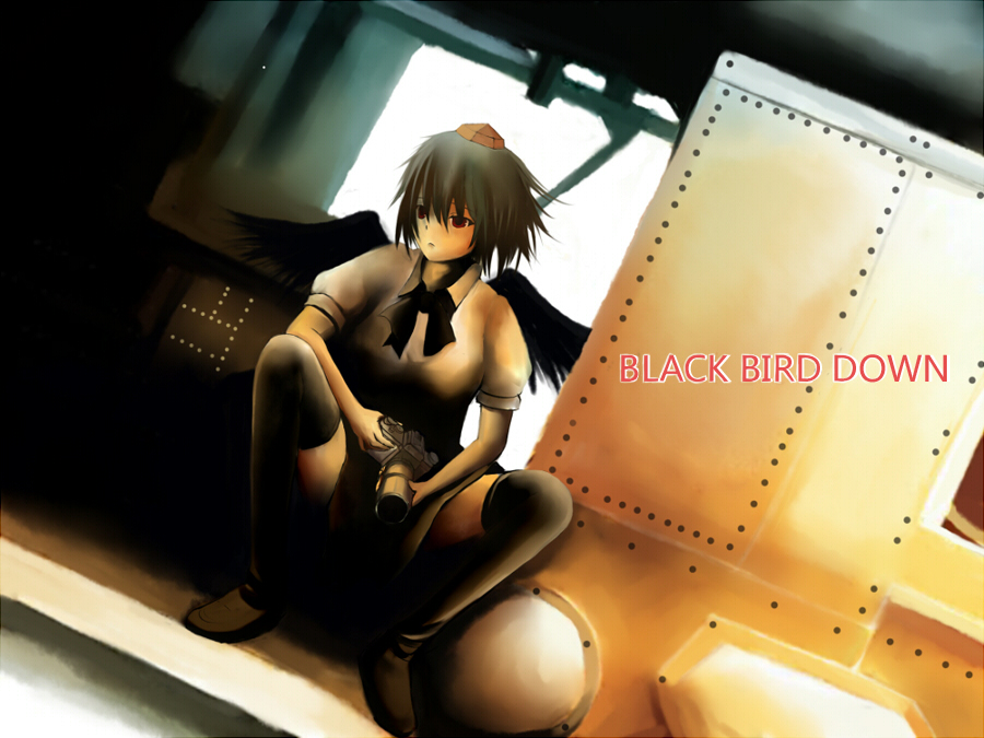 black_hair, black_hawk_down, hat, parody, red_eyes, shameimaru_aya, short_hair, solo