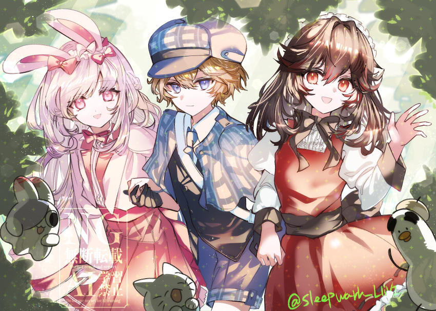 1boy, 2girls, aged_down, animal_ears, black_bow, black_bowtie, black_gloves, black_shirt, blue_capelet, blue_eyes, blue_hat, blue_shorts, bow, bowtie, brown_hair, capelet, checkered_clothes, dress, fake_animal_ears, gloves, grey_hair, hair_bow, hat, highres, holding_hands, lee_(pgr), liv_(pgr), long_hair, lucia_(pgr), multiple_girls, open_mouth, pink_bow, pink_bowtie, pink_dress, pink_eyes, punishing:_gray_raven, rabbit_ears, red_dress, red_eyes, red_streaks, shirt, short_hair, shorts, sleepwark_llivi, white_bow, white_shirt