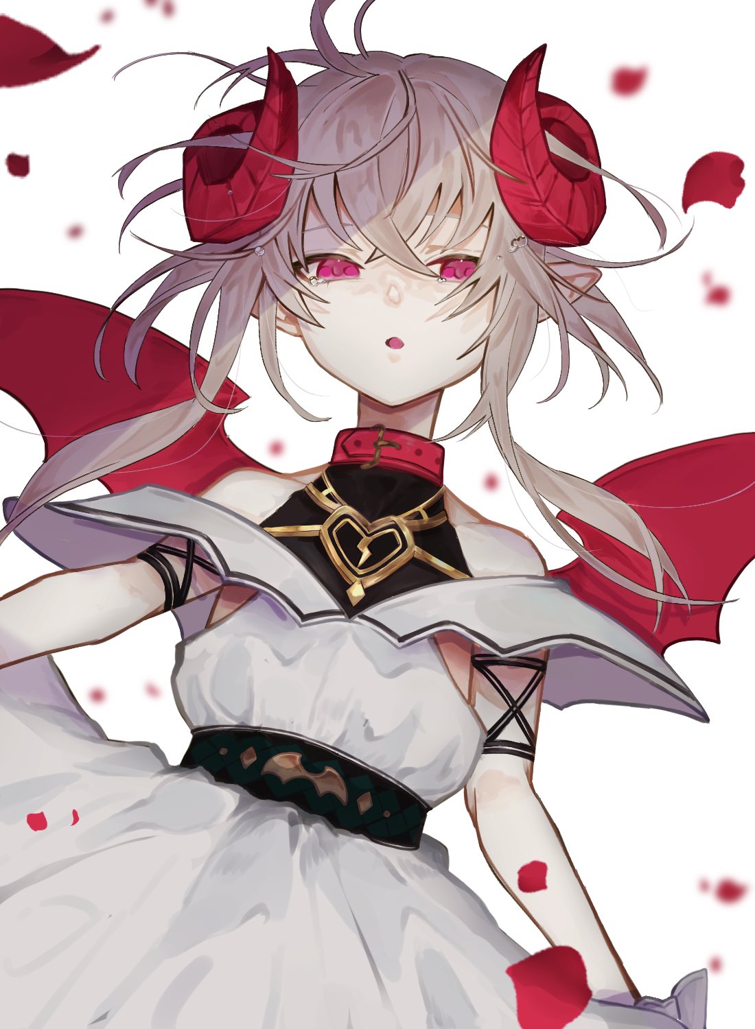 1girl, ahoge, bare_shoulders, blurry, blurry_background, collar, cowboy_shot, curled_horns, demon_girl, demon_horns, demon_wings, dress, fuji100922, gloves, grey_hair, highres, horns, makaino_ririmu, makaino_ririmu_(1st_costume), nijisanji, parted_lips, petals, pointy_ears, red_collar, red_eyes, red_horns, red_wings, rose_petals, simple_background, solo, tears, virtual_youtuber, white_dress, white_gloves, wings