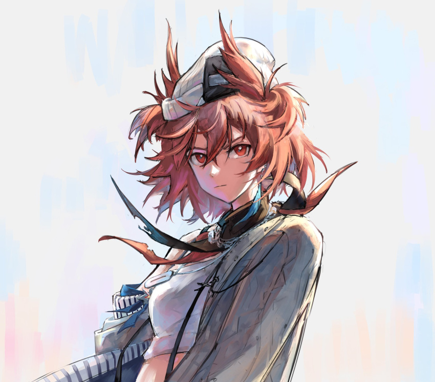 1girl, arknights, beanie, black_scarf, blue_ribbon, breasts, crop_top, dog_tags, earrings, eudaemonm, expressionless, feather_hair, fiammetta_(ambience_synesthesia)_(arknights), fiammetta_(arknights), grey_jacket, hair_between_eyes, hat, highres, jacket, jacket_partially_removed, jewelry, looking_at_viewer, medium_breasts, necklace, red_eyes, red_hair, red_scarf, ribbon, scarf, shirt, short_hair, solo, suspenders, tank_top, three_quarter_view, upper_body, white_hat, white_shirt, white_tank_top