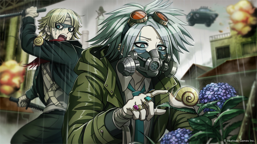 1girl, 3boys, absurdres, aqua_necktie, artist_request, bandaged_hand, bandaged_head, bandages