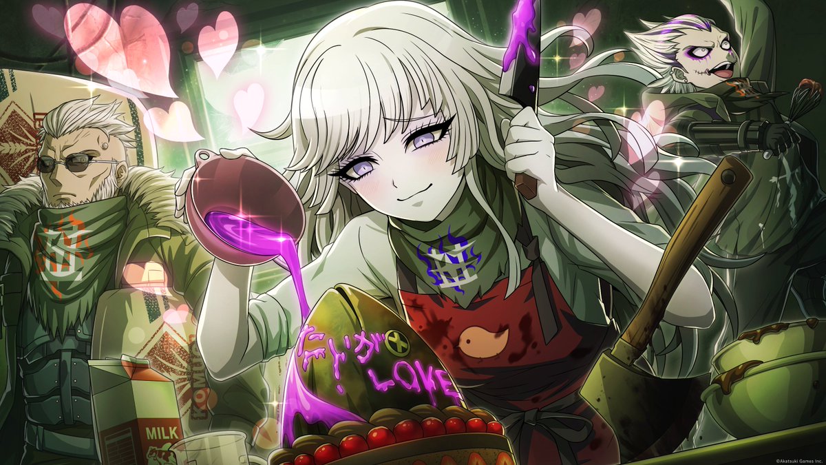 1girl, 2boys, :3, apron, artist_request, asahikawa_kai, axe, beard