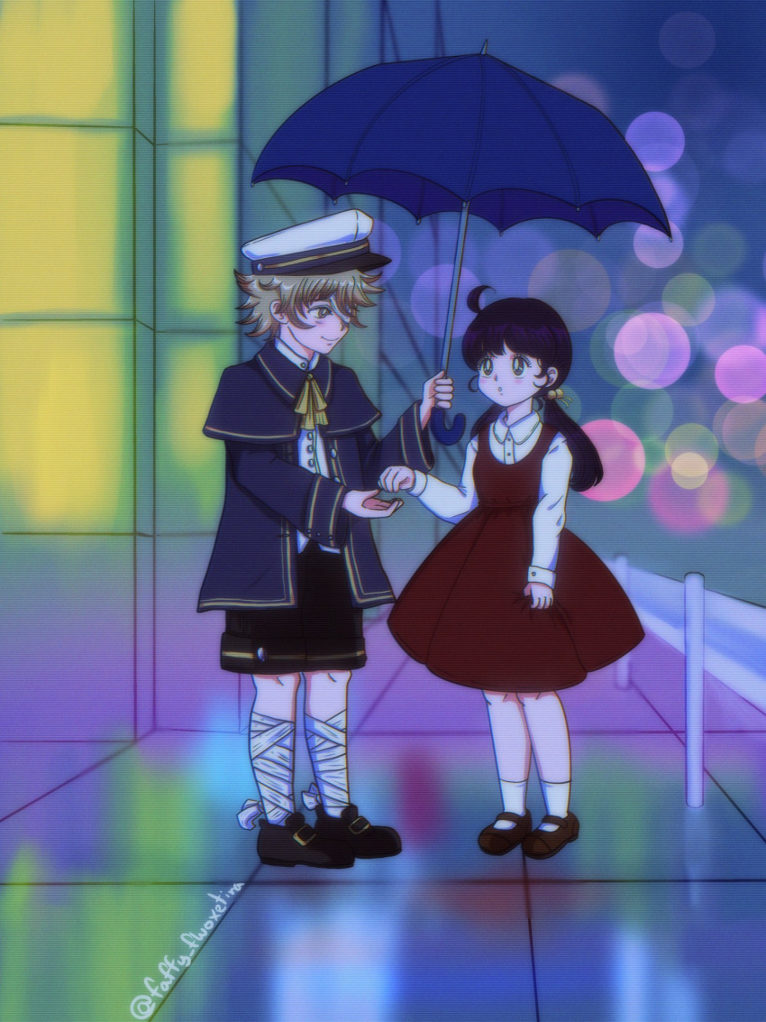 1990s_(style), 1boy, 1girl, :o, adapted_costume, ahoge, anime_coloring, ankle_socks