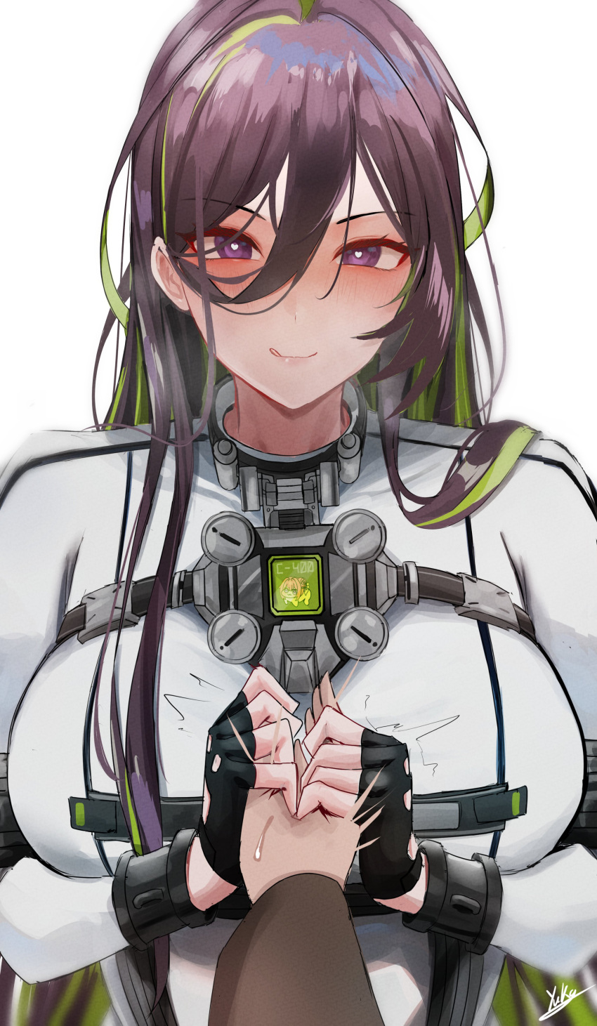 1boy, 1girl, absurdres, breasts, brown_hair, commander_(nikke), doro_(nikke), fingerless_gloves