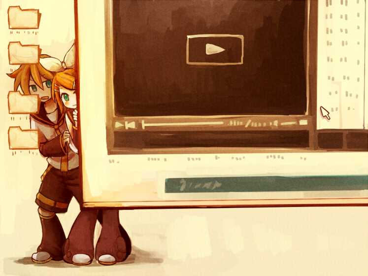 blush, brother_and_sister, computer_screen, detached_sleeves, fake_screenshot, female, green_eyes, hair_ornament, hair_ribbon, hairclip, hiding, kagamine_len, kagamine_rin, kamenosora, leg_warmers, male, necktie, nico_nico_douga, open_mouth, peek, peeking, peeking_out, ribbon, sailor_collar, short_hair, shorts, siblings, twins, vocaloid
