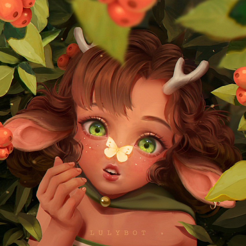 1girl, animal_ears, antlers, artist_name, bare_shoulders, berry, blurry, brown_hair