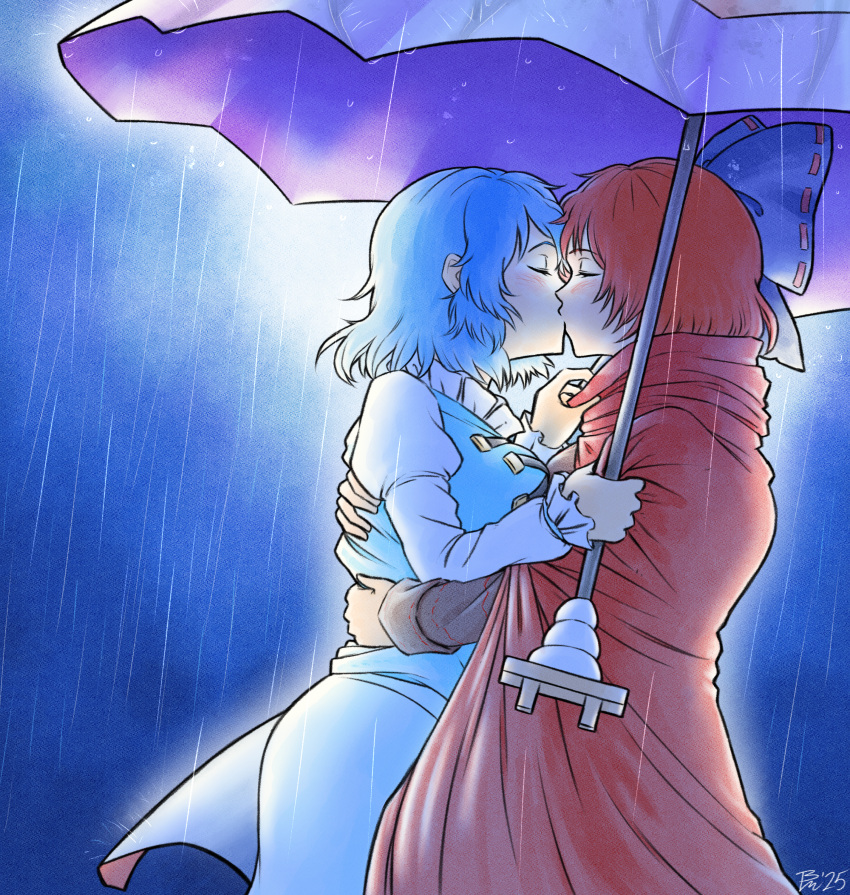 2girls, absurdres, blue_bow, blue_hair, blue_vest, blush, bow, bread_master, breasts, cape, cloak, closed_eyes, hair_bow, highres, holding, hug, juliet_sleeves, karakasa_obake, kiss, long_sleeves, multiple_girls, puffy_sleeves, purple_umbrella, rain, red_cape, red_cloak, red_hair, ribbon-trimmed_bow, ribbon_trim, sekibanki, shirt, short_hair, skirt, tatara_kogasa, touhou, umbrella, vest, white_shirt, yuri