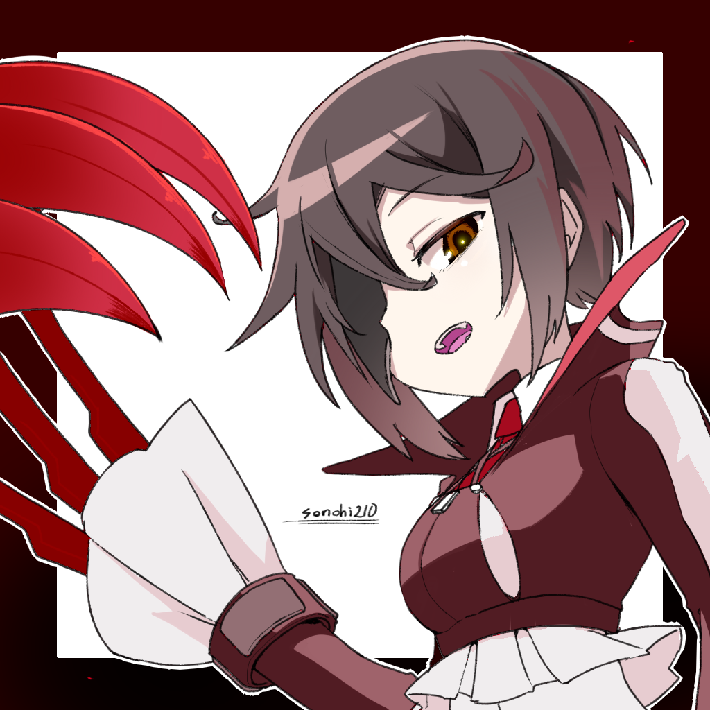 1girl, black_border, black_hair, border, claws, eyepatch, looking_at_viewer, magia_record:_mahou_shoujo_madoka_magica_gaiden