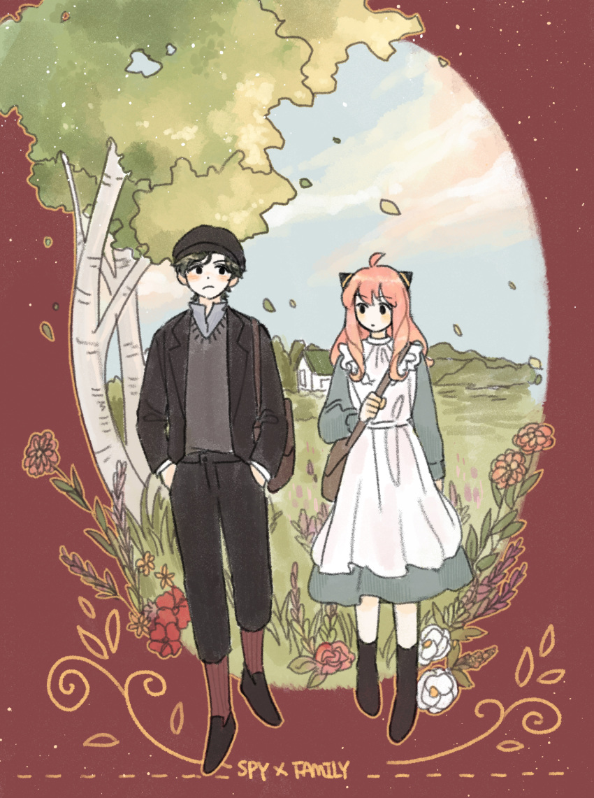 1boy, 1girl, aged_up, alternate_costume, anne_of_green_gables, anne_shirley, anne_shirley_(cosplay), anya_(spy_x_family)