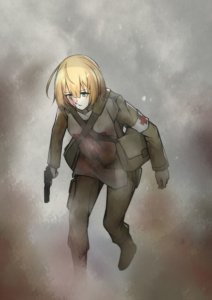 1girl, absurdres, armband, bag, blonde_hair, blood, blood_on_face, blue_eyes