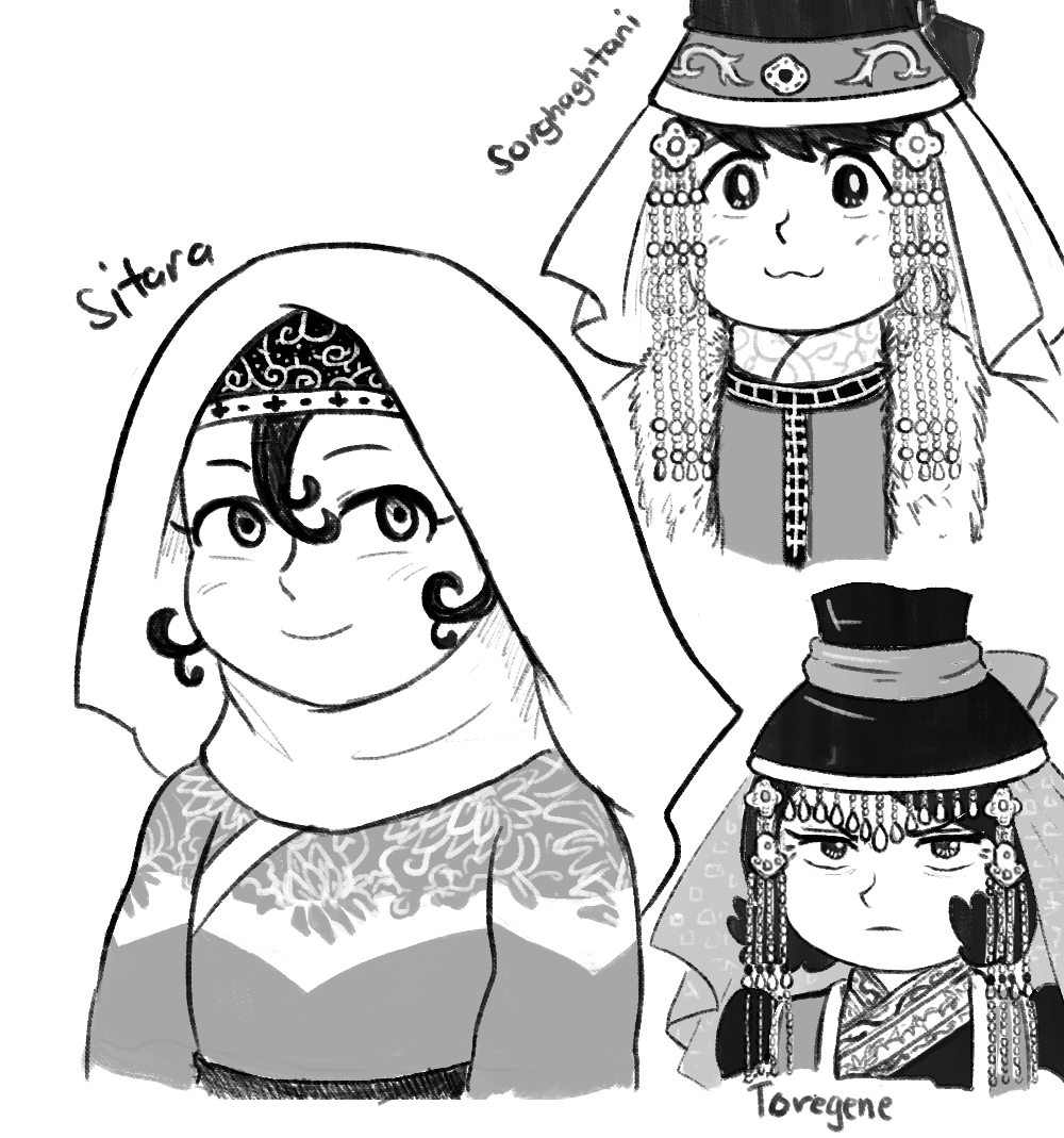 3girls, :3, black_hair, closed_mouth, fur_trim, hat, hijab, iranian_clothes