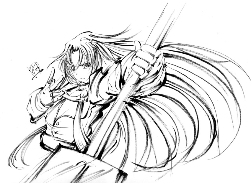 1girl, asako_komaki, fingerless_gloves, gloves, hiyokopasuta, holding, holding_staff, long_hair, looking_at_viewer, magical_girl, mahou_shoujo_madoka_magica, mahou_shoujo_oriko_magica, simple_background, solo, staff, upper_body, very_long_hair, white_background