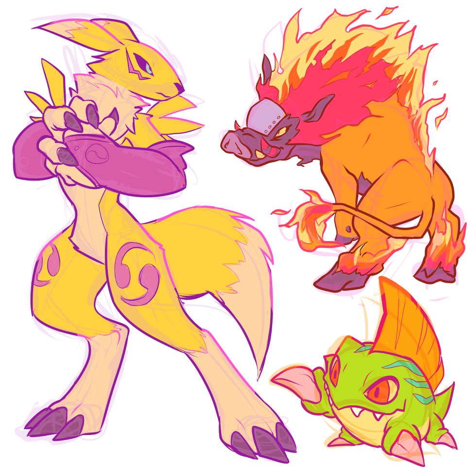 betamon, boarmon, digimon, digimon_(creature), fangs, fire, fluffy, fox_girl, fox_tail, furry, furry_female, renamon, simple_background, squeedge, tail, white_background