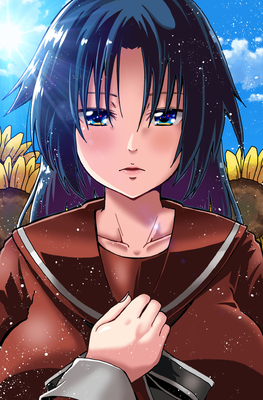 1girl, asako_komaki, blue_eyes, blue_hair, breasts, clenched_hand, field, flower