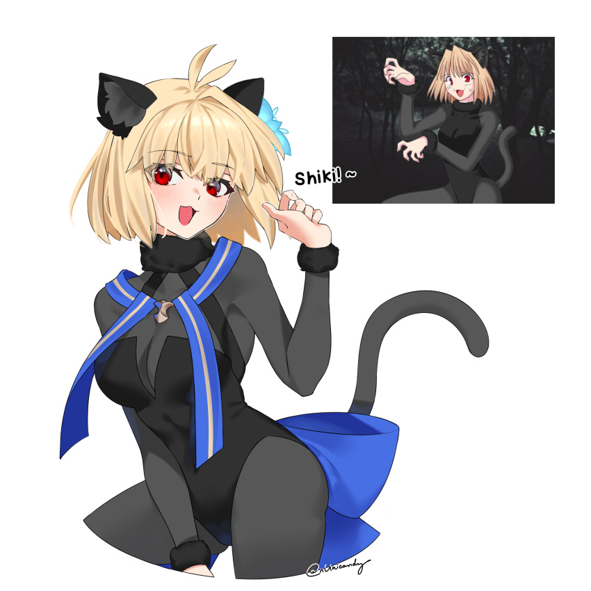 1girl, :3, absurdres, alternate_costume, animal_ears, arcueid_brunestud, arcueid_brunestud_(monster_cat), arcueid_brunestud_(mooncancer), black_bodysuit, blue_bow, blush, bodysuit, bow, breasts, cat_ears, cat_girl, cat_tail, english_text, fake_animal_ears, fake_tail, fang, fate/grand_order, fate_(series), flower, flower_on_head, gold_trim, hair_ornament, highres, kagetsu_tooya, large_breasts, leotard, looking_at_viewer, official_alternate_costume, paw_pose, photo-referenced, red_eyes, ribbon, solo, tail, takeuchi_takashi, tsukihime, tsukihime_(remake)