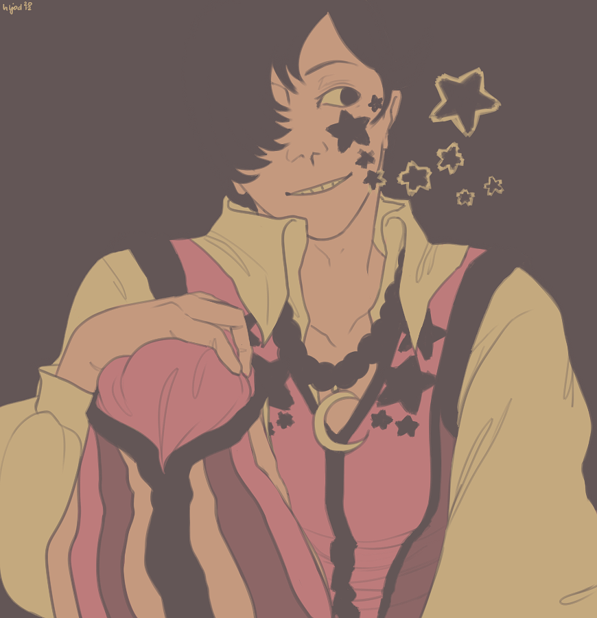 1boy, blending, clown_(ragnarok_online), collared_shirt, commentary, crescent, crescent_necklace, english_commentary, feet_out_of_frame, grey_background, grey_eyes, grey_hair, grin, jewelry, knee_up, looking_to_the_side, male_focus, memoryjoule, necklace, pants, pink_pants, pink_vest, ragnarok_online, shirt, short_hair, smile, solo, star_(symbol), vest, white_shirt