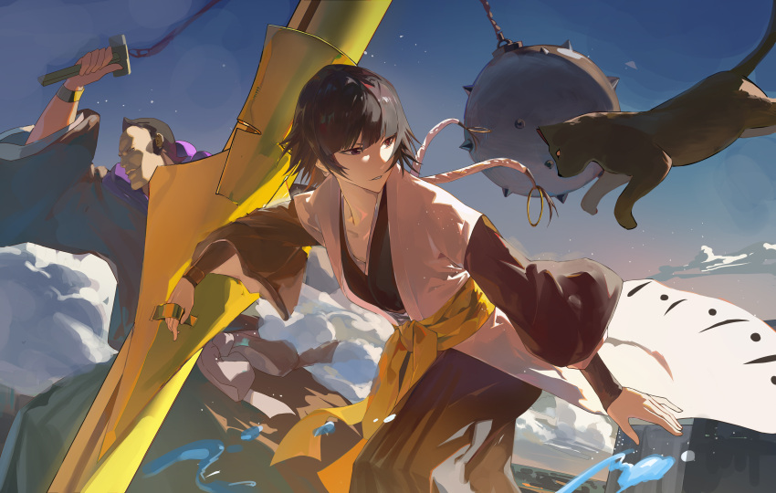 1boy, 1girl, absurdres, ball_and_chain_(weapon), bankai, black_eyes, black_hair, black_hakama