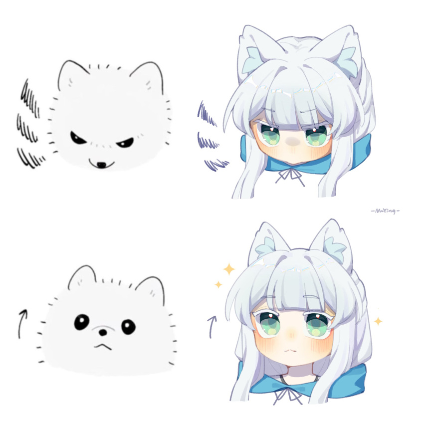 1girl, animal, animal_ear_fluff, animal_ears, arknights, arrow_(symbol), blush, cat_ears, closed_mouth, colored_eyelashes, commentary, dog, fluffy_white_puppy_expressions_(meme), grey_hair, highres, kuroba_ying, long_hair, meme, rosmontis_(arknights), signature, simple_background, sparkle, white_background