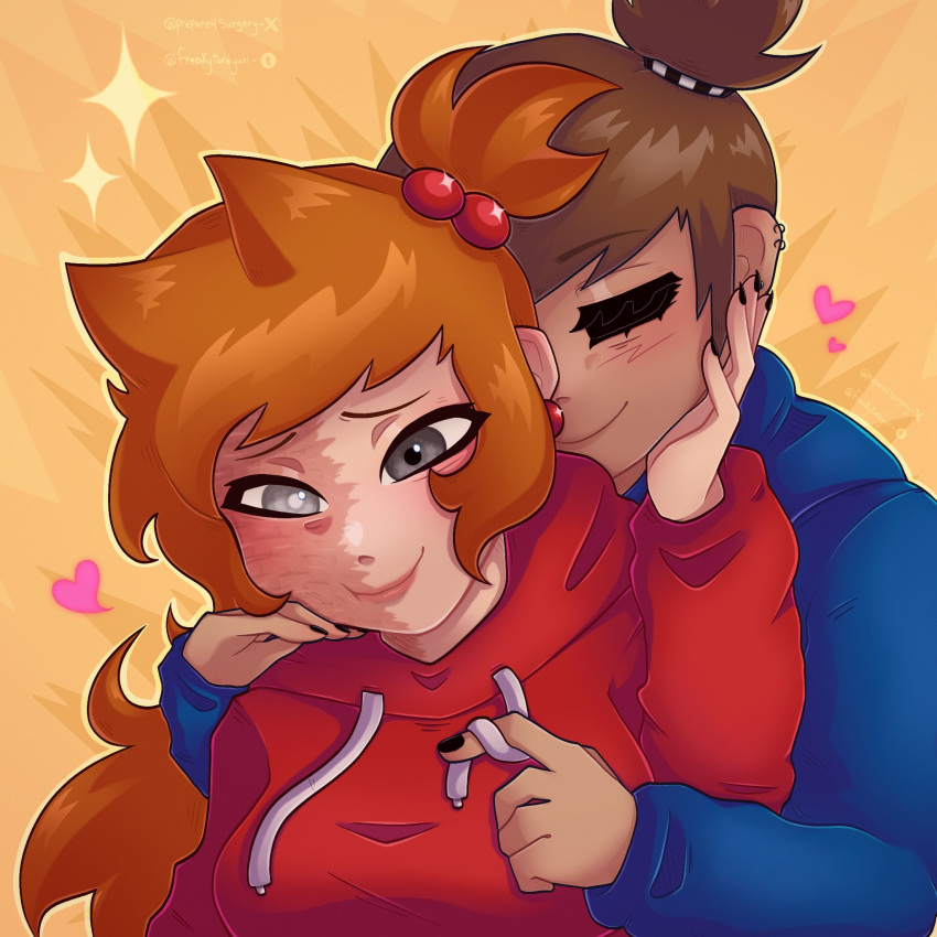 2girls, behind_another, blue_hoodie, blush, breasts, corneal_scar, eddsworld, hand_on_another's_face, highres, hood, hoodie, hug, large_breasts, light_smile, multiple_girls, prepare4surgery, red_hoodie, scar, scar_on_face, scared, tamara_(eddsworld), tori_(eddsworld), yuri