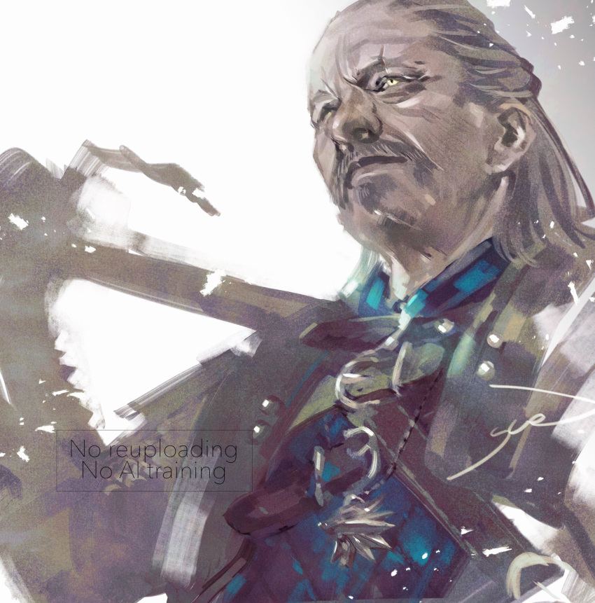 1boy, facial_hair, grey_hair, highres, holding, holding_sword, holding_weapon, mustache