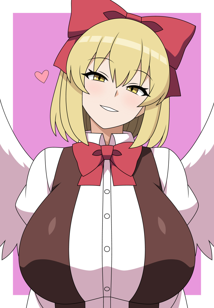 absurdres, angel_wings, blonde_hair, bow, breasts, feathered_wings, gengetsu_(touhou), hair_bow