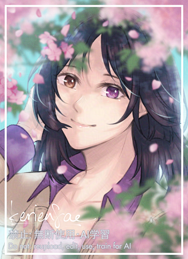 1girl, black_hair, brown_eyes, closed_mouth, commentary, english_commentary, falling_petals, hand_on_own_head