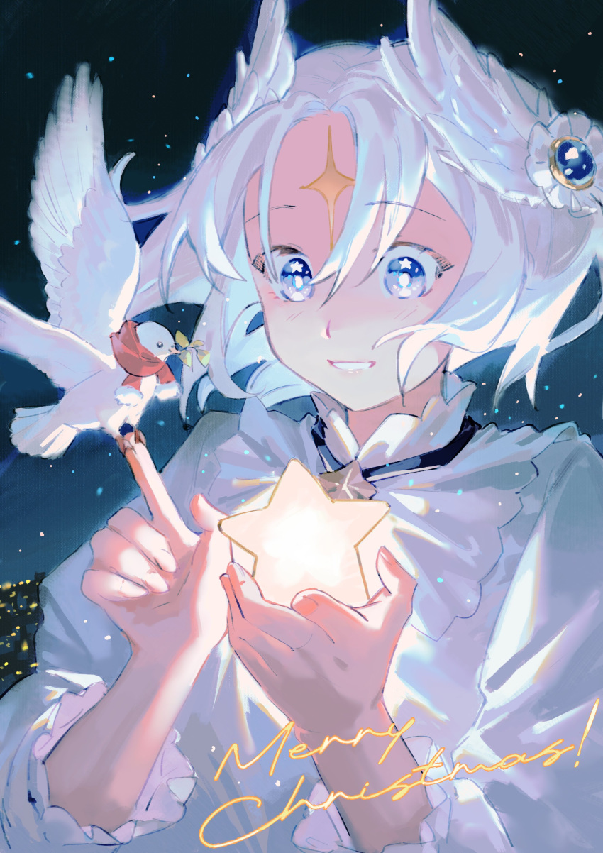 1girl, absurdres, bird, bird_on_hand, bird_wings, blue_eyes, blue_gemstone, bright_pupils