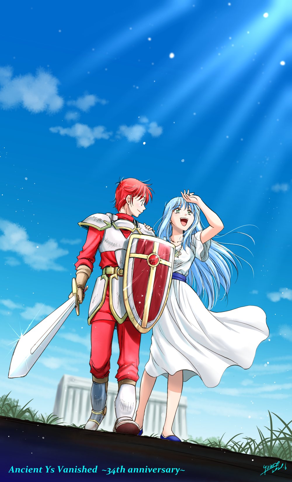 1boy, 1girl, :d, adol_christin, ancient_ys_vanished, armor, blue_hair, blue_sash
