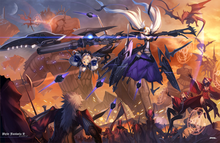 dragon, highres, long_hair, mhk_(mechamania), mhk_(pixiv), pixiv_fantasia, pixiv_fantasia_5, short_hair