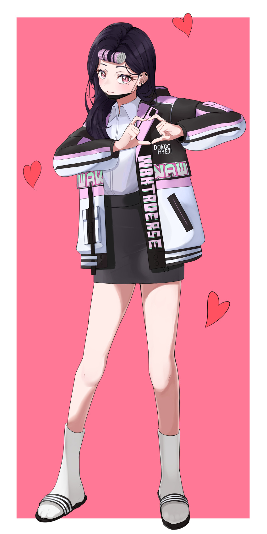 1girl, absurdres, black_hair, black_mask, border, collared_shirt, dokgo_hyeji, ear_piercing, gangjeong, hair_rollers, heart, heart_hands, highres, long_hair, mask, miniskirt, mouth_mask, pencil_skirt, piercing, pink_background, pink_eyes, sandals, school_uniform, shirt, skirt, socks, virtual_youtuber, waktaverse, white_border, white_shirt, white_socks