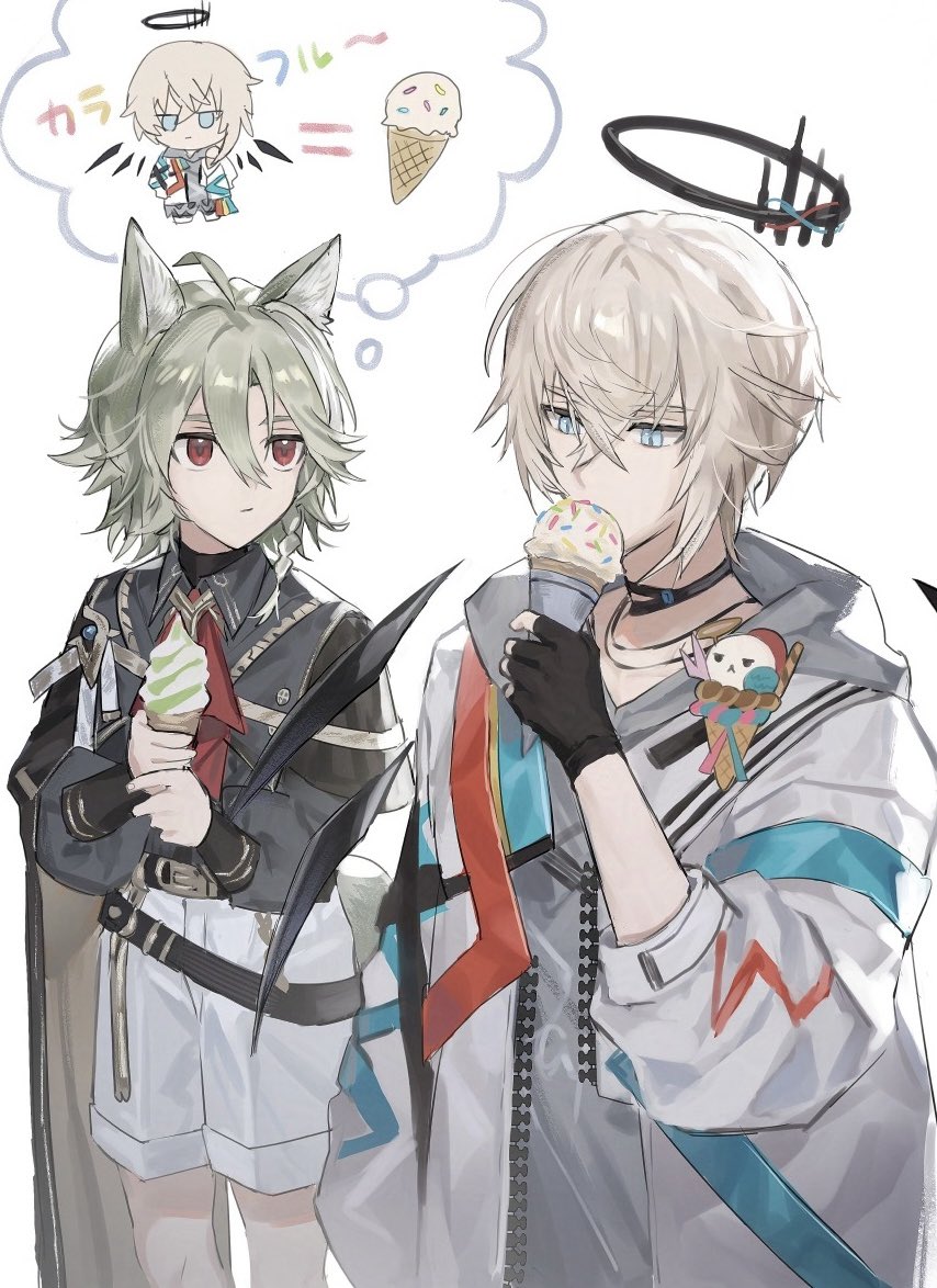 2boys, animal_ears, arknights, bassline_(arknights), belt, black_belt, black_cape, black_gloves