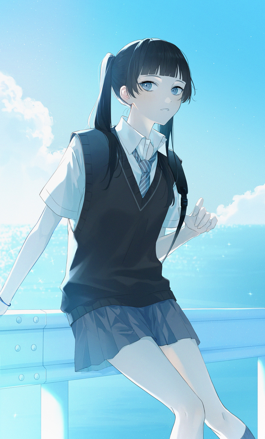 1girl, absurdres, against_railing, backpack, bag, black_bag, black_hair, black_sweater_vest, blue_eyes, blue_sky, blunt_bangs, clouds, grey_skirt, hama_m, highres, long_hair, looking_to_the_side, original, parted_lips, railing, school_uniform, short_sleeves, skirt, sky, solo, sweater_vest, twintails