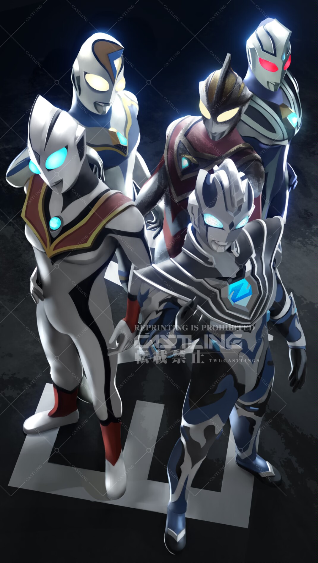 5boys, alien, arm_on_another's_shoulder, armor, artist_name, black_background, black_gemstone, black_skin
