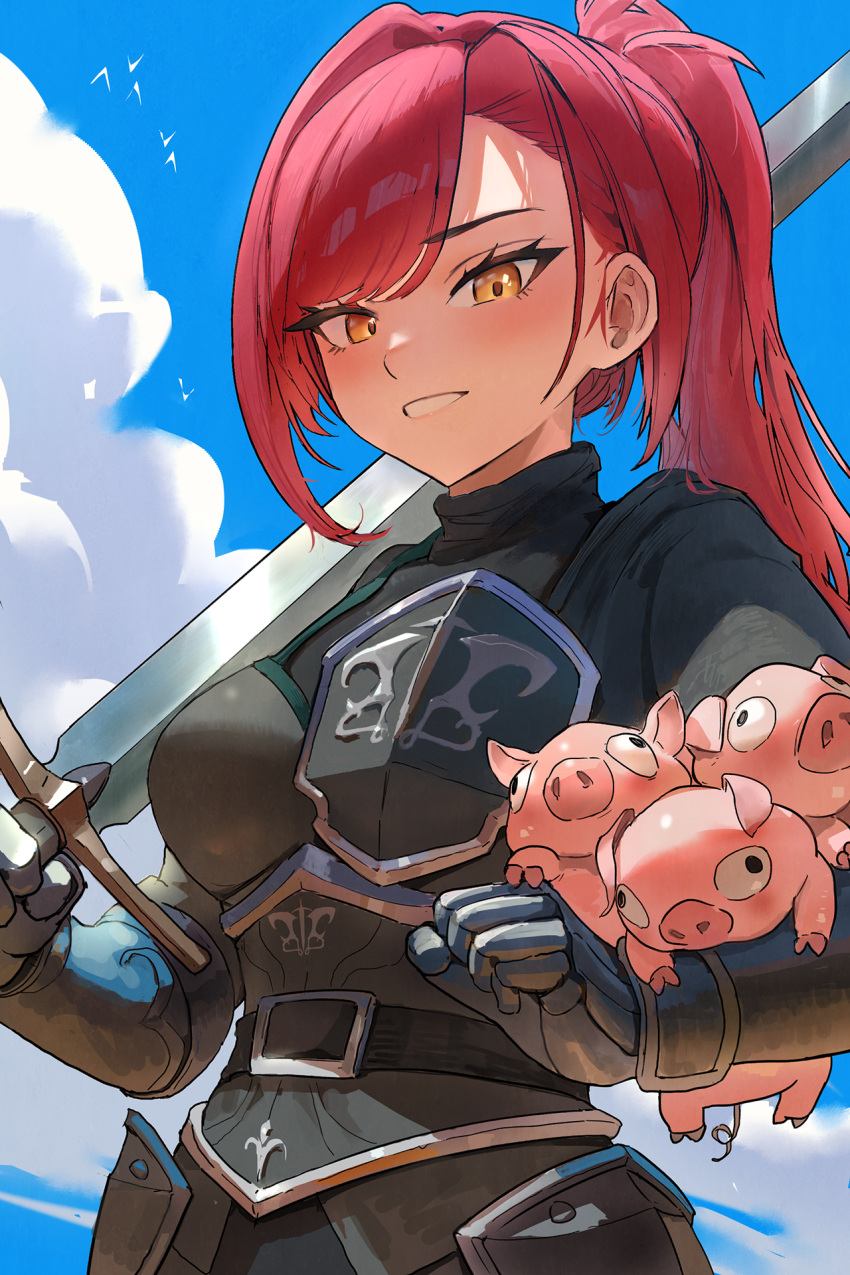 1girl, armor, belt, blue_sky, castle_knight_charlotte, clouds, cloudy_sky, high_ponytail