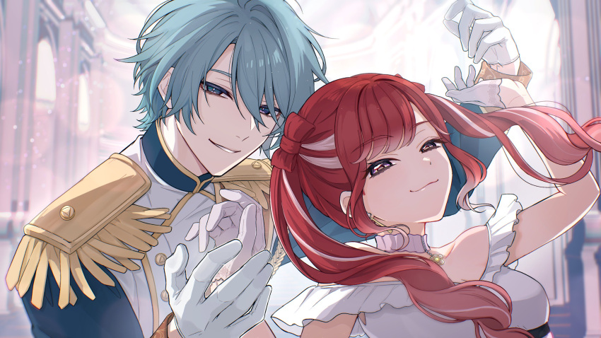 1boy, 1girl, absurdres, aiguillette, aqua_hair, black_jacket, blue_eyes, blurry