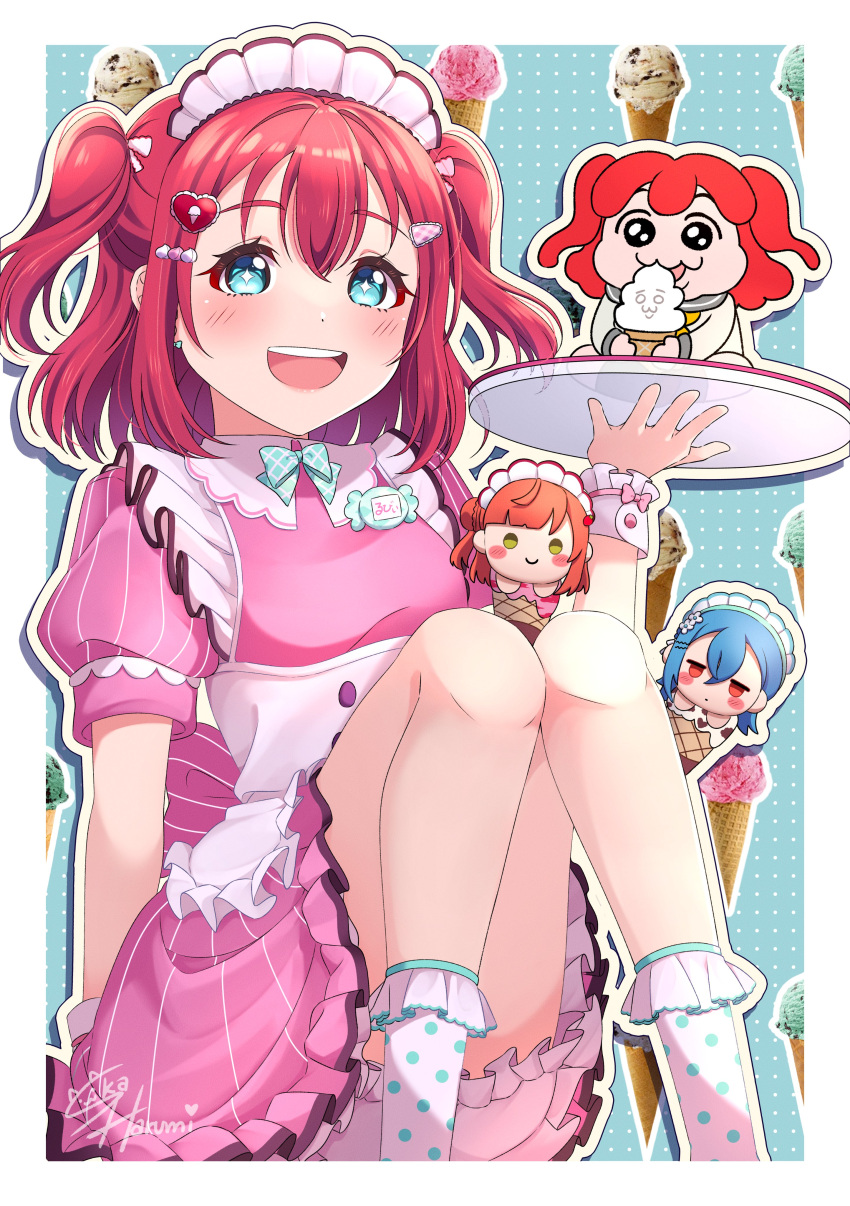 2girls, :d, absurdres, ai_scream!_(love_live!), aiscream_(love_live!), aqua_background, aqua_socks, artist_name