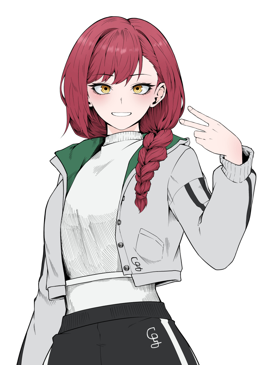 1girl, 21gh, absurdres, arm_up, black_pants, braid, braided_ponytail, castle_knight_charlotte, highres, jacket, long_hair, looking_at_viewer, pants, red_hair, shirt, simple_background, solo, sweatpants, v, waktaverse, white_background, white_jacket, white_shirt, yellow_eyes