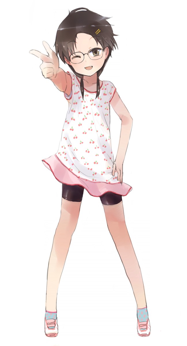 asasow, bad_id, bike_shorts, black_hair, blush, brown_eyes, child, dress, fang, glasses, hair_ornament, hairclip, hand_on_hip, highres, hips, long_hair, looking_at_viewer, open_mouth, original, pointing, shoes, skirt, smile, sneakers, solo, twintails, wink