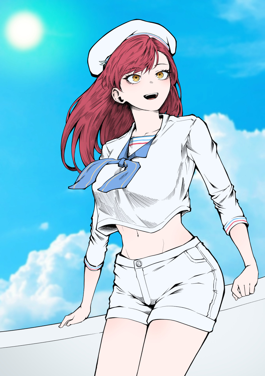 1girl, 21gh, absurdres, blue_sky, castle_knight_charlotte, clouds, cloudy_sky, cropped_shirt