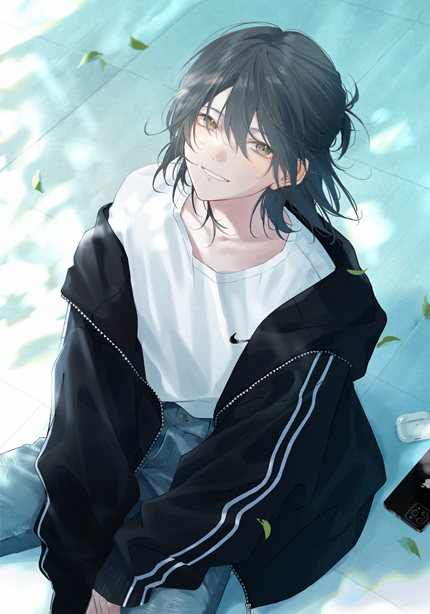 1boy, black_hair, black_jacket, cellphone, falling_leaves, hair_between_eyes, half_updo, hama_m