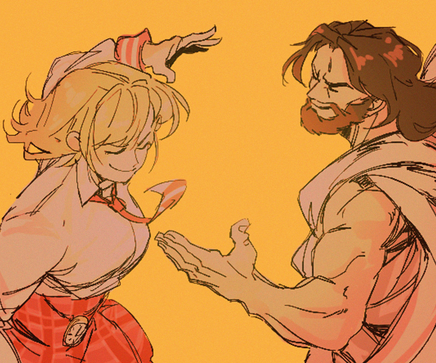 1boy, 1girl, absurdres, arm_up, beard, blonde_hair, brown_hair, chaleko
