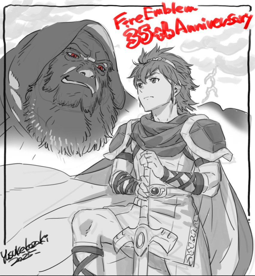 2boys, anniversary, armor, beard, cape, commentary_request, facial_hair, fire_emblem