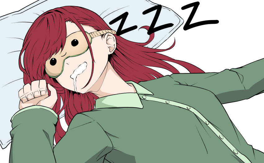 1girl, 21gh, absurdres, blindfold, castle_knight_charlotte, collared_shirt, green_shirt, highres, long_hair, lying, on_back, pillow, red_hair, saliva, saliva_trail, shirt, simple_background, sleeping, solo, virtual_youtuber, waktaverse, white_background, zzz