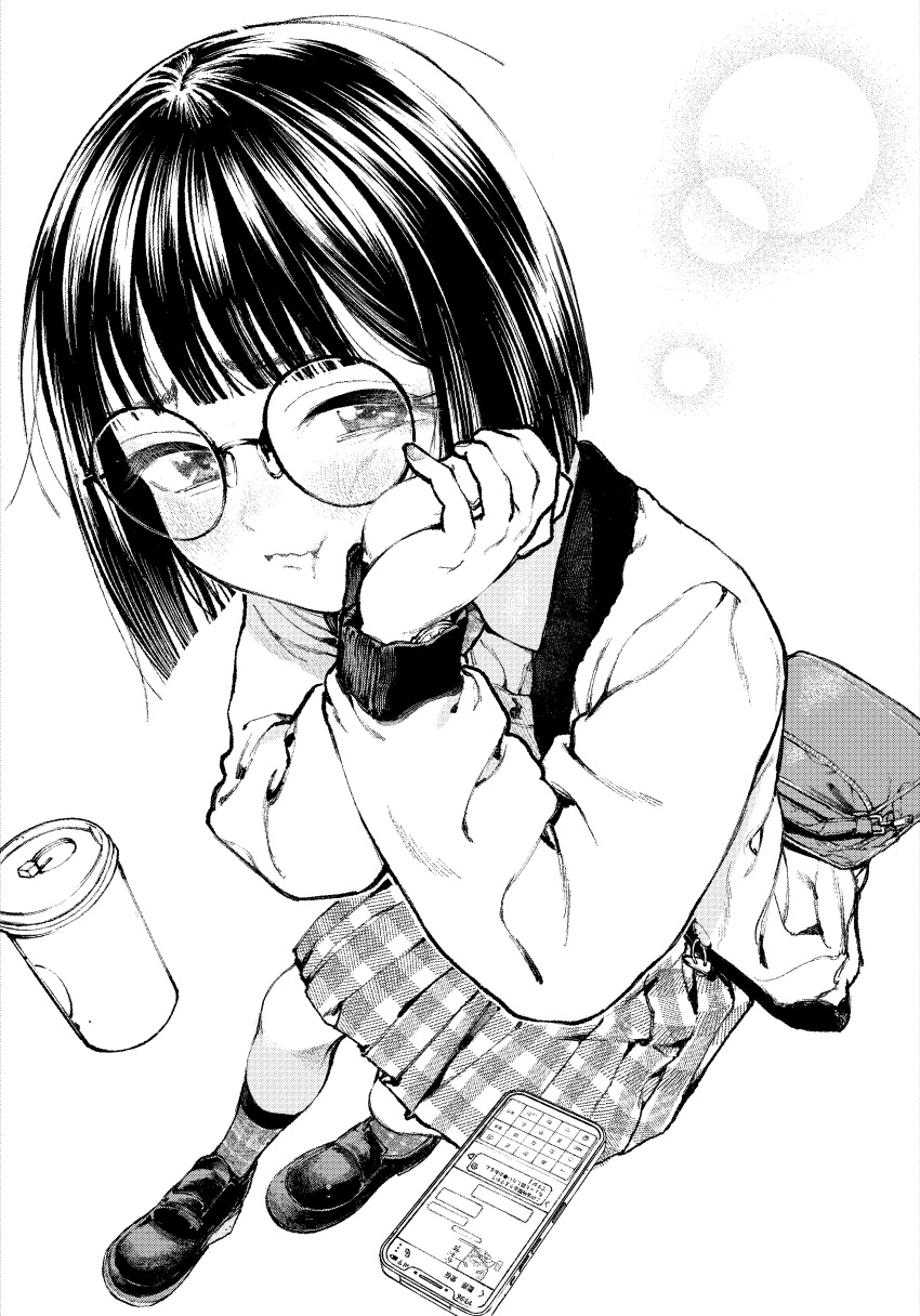 1girl, :t, absurdres, blunt_bangs, blush, cellphone, commentary_request, glasses